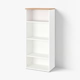 A white SKRUVBY bookcase with three shelves, wooden top, and modern design.