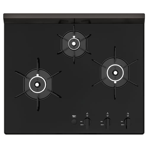 Black glass gas cooktop with 3 burners and control knobs.