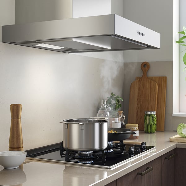Modern kitchen with stainless hood, gas stove, plants.