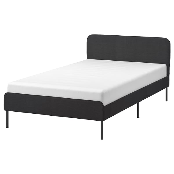 Grey SLATTUM bed with upholstered headboard and steel legs.