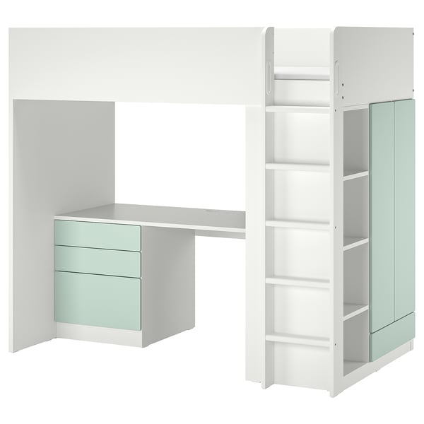 SMÅSTAD white & mint loft bed with desk, shelves, ladder.