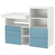 White and blue kids storage unit with shelves and drawers.