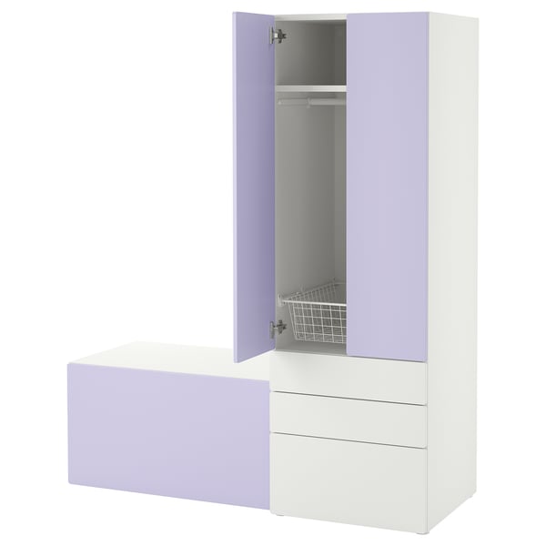 Kids storage combo: white & lavender wardrobe, drawers, bench, wire basket.
