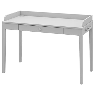 White SMYGA desk with drawer, wood, cable outlets.