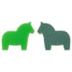 Two green sponges shaped like swedish dala horses, one side soft, one side coarse.