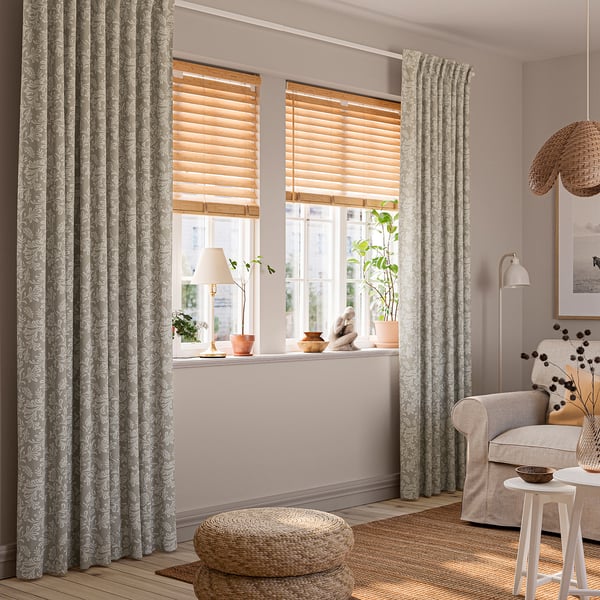 SNÖRUTA Curtains, 1 pair, light grey-beige white/floral pattern with heading tape, 145x250 cm