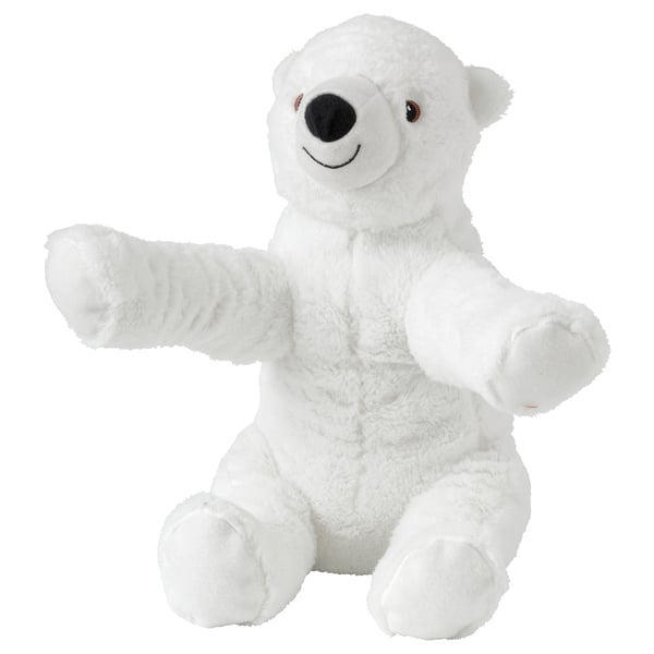 Small white plush polar bear toy with black eyes and nose, sitting; soft and huggable.