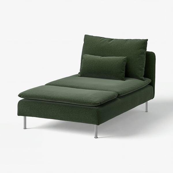 SÖDERHAMN green chaise lounge, low seat, soft cushions, stylish legs, deep green.