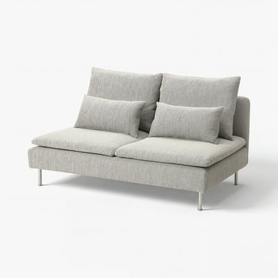 SÖDERHAMN compact beige sofa, light fabric, l-shape, with four pillows.