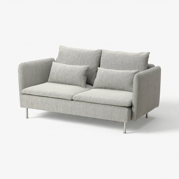 SÖDERHAMN grey compact sofa, low profile, deep seats, metal legs, fabric cover.