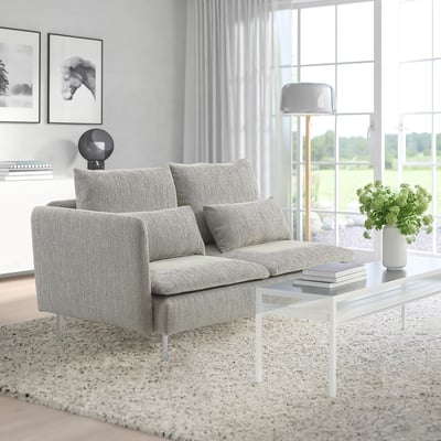 Modern living room with grey SÖDERHAMN sofa, small & cosy, beside white coffee table & large window.