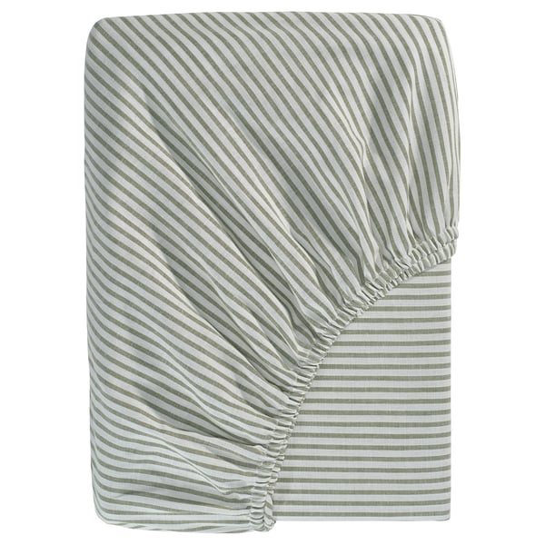 The SOLFIBBLA is a green and white striped cotton bed sheet, rectangular with elastic edges.