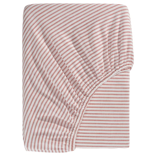 A red and white striped cotton fitted sheet, designed for mattresses up to 26 cm thick.