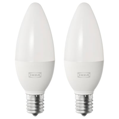 Two ikea SOLHETTA led bulbs, white, frosted glass-like cover, e12 base, warm-white light.