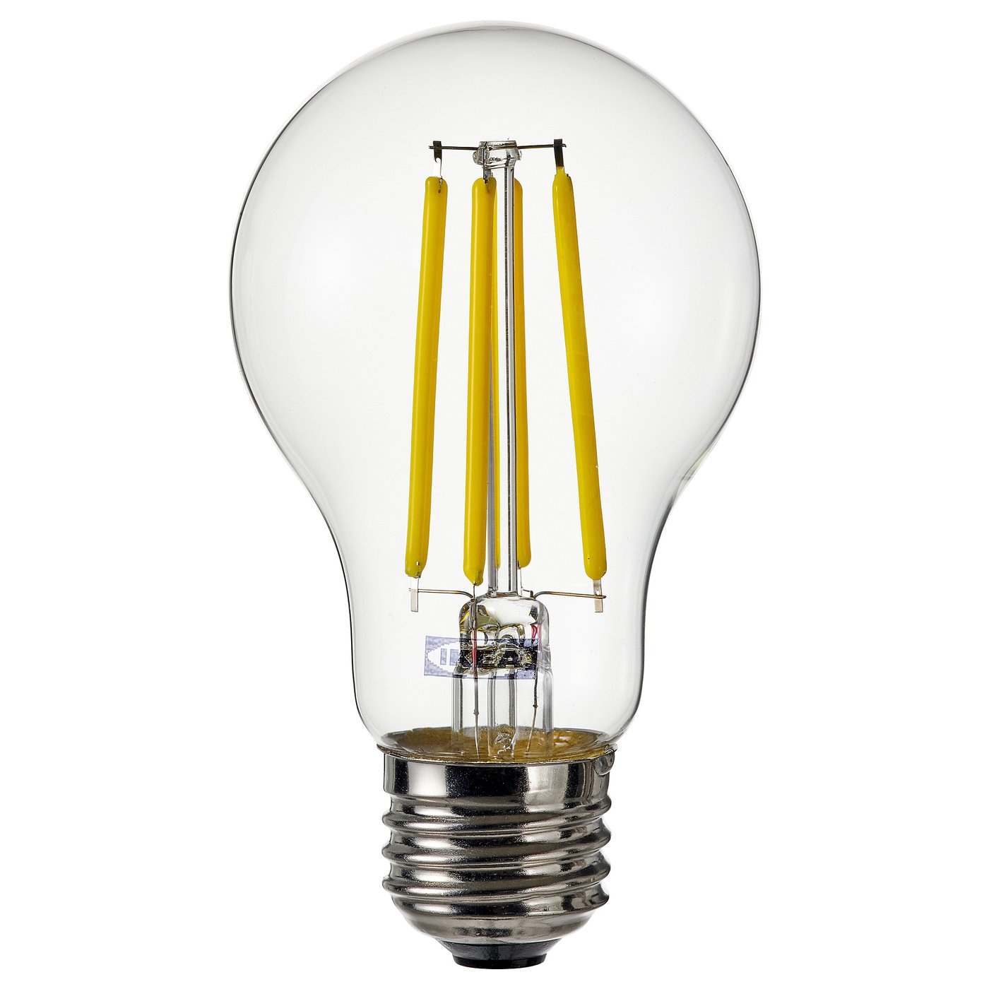 Led light bulb, yellow, glass, round, e26 base.