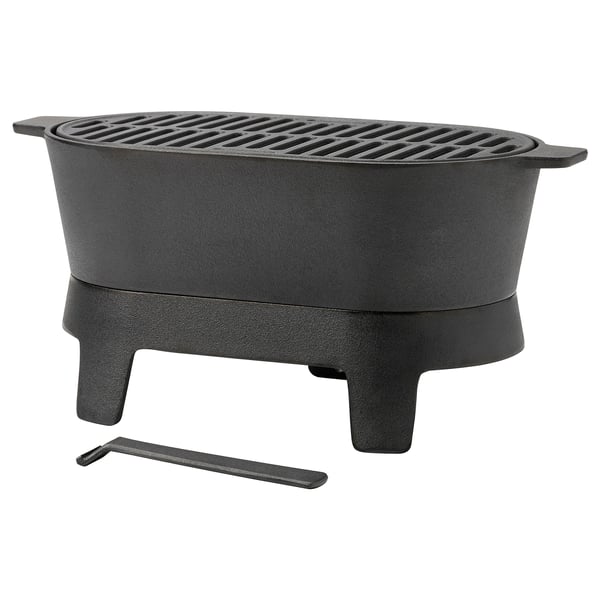 Charcoal grill, portable black with handles, airflow vents, oil cover, outdoor use.