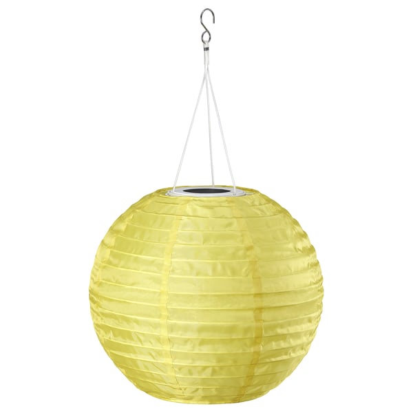 SOLVINDEN yellow solar lantern, round, pleated design, hangs from a hook, eco-friendly.