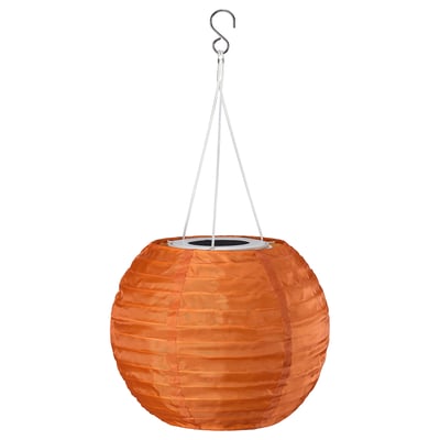 SOLVINDEN orange solar lantern hangs from a hook, spherical shape, made from recycled polyester.