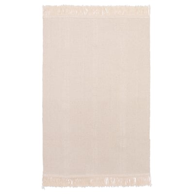 A beige, rectangular SORTSÖ cotton rug with fringed edges. Its flat-woven and looks the same on both sides.