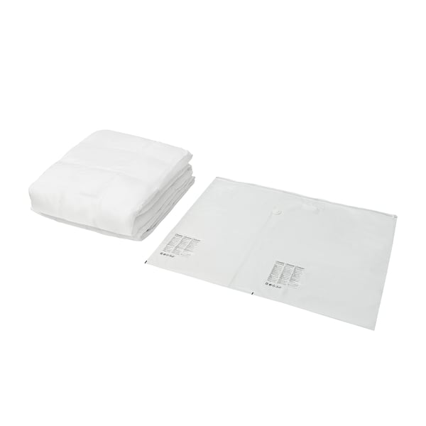 Two white vacuum seal bags, one folded, one flat with text, used for space saving by removing air.