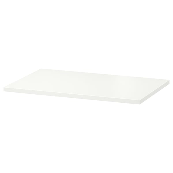 White rectangular shelf, flat surface made of particleboard.