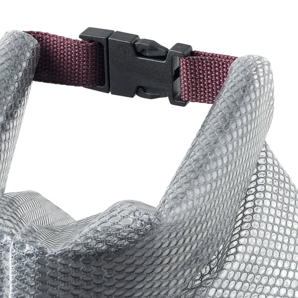 Close-up of waterproof bag with textured surface and sturdy clip. Silicon-like feel, snap strap handle.