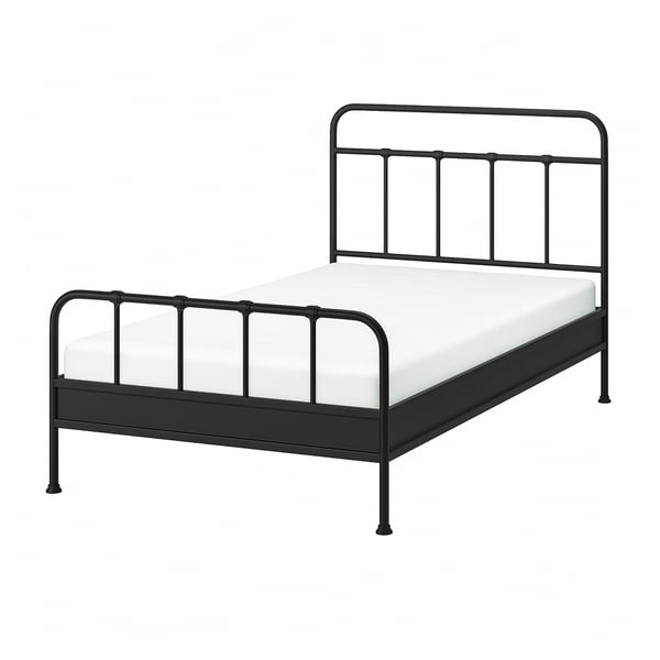STJÄRNÖ black metal bed, curved head & footboard, classic design.