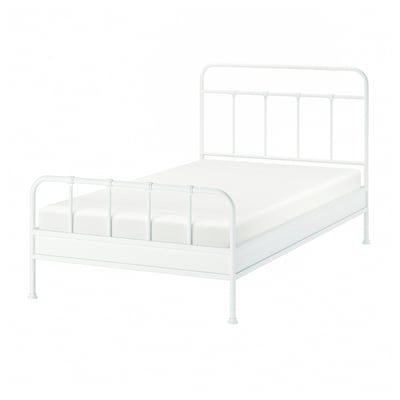 White STJÄRNÖ metal bed frame, classic design with curved headboard and footboard, sturdy steel construction.