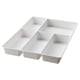 A white STÖDJA drawer organiser with six compartments, made of polypropylene, designed for maximera drawers.