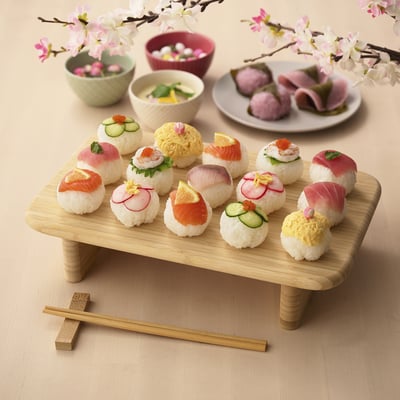 Wooden stand with sushi, chopsticks; blooming branches decorate.