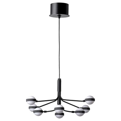 A modern black chandelier named STORSLINGA with eight spherical led lights arranged in a symmetrical design.