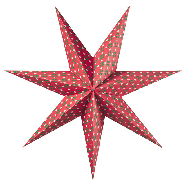 Colourful star-shaped paper decoration with green and white dots on red paperboard.