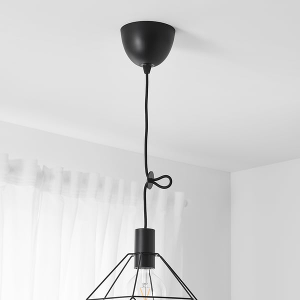 Black pendant lamp cord set with ceiling cup, hanging bulb holder. Allows height adjustment for custom lamp creation.