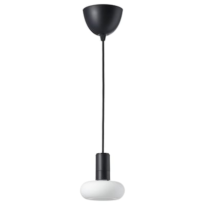 Black pendant lamp with frosted glass shade, hanging cord, modern design.