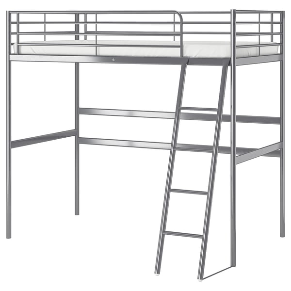 Modern silver metal loft bed with ladder, elevated mattress area, and open storage underneath.