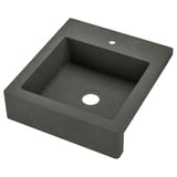 Black square farmhouse sink with apron front, deep bowl and pre-drilled tap hole. Made of quartz composite for durability and heat resistance.