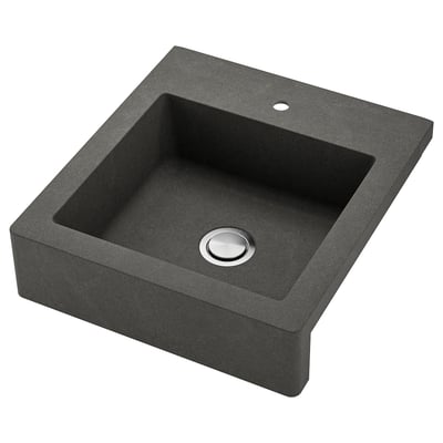 TALLSJÖN sink, dark grey quartz, deep one-bowl, apron front, stainless drain, modern farmhouse design.