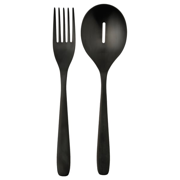 Black TILLAGD cutlery set: sleek matte serving fork and spoon with modern, minimalist design. Stainless steel.