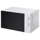 Compact white microwave with black door. Simple dial controls.