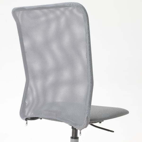 Grey mesh office chair with adjustable height and safety castors.