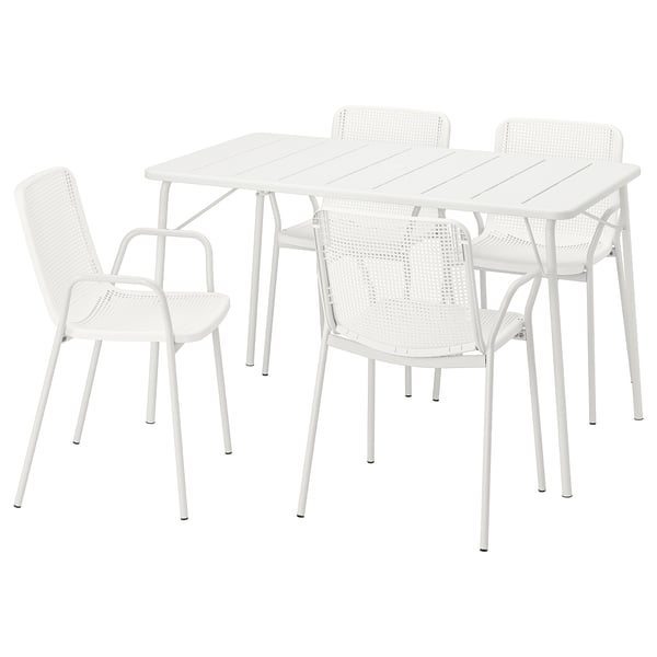 White patio set with rectangular table, 4 modern chairs, drainage holes.