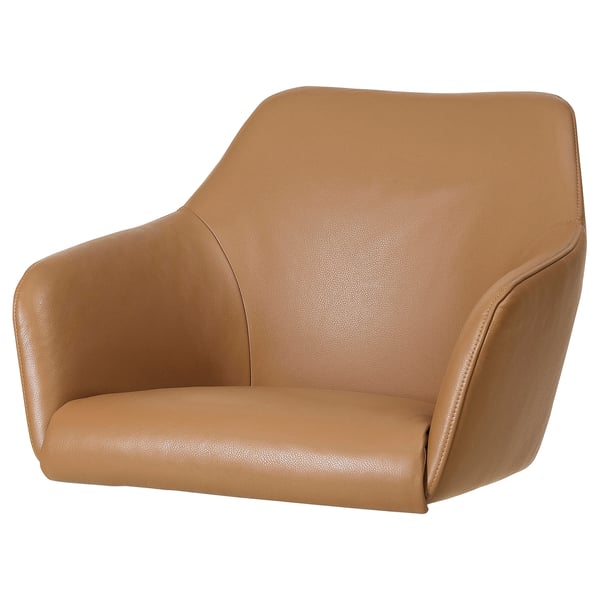 Brown leather TOSSBERG chair. Modern, curved design with high back and armrests for comfort.