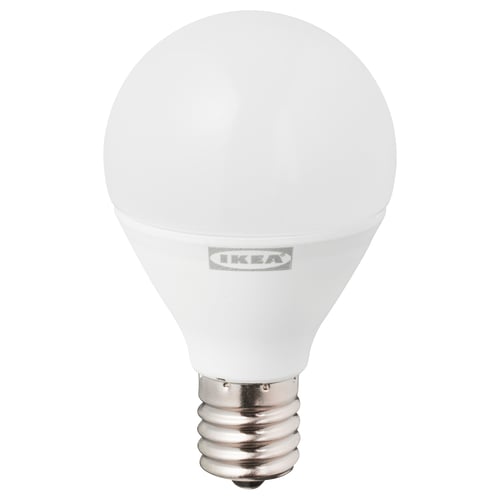 Ikea TRÅDFRI led light bulb, white, spherical, with e12 base.