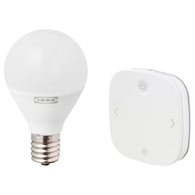 TRÅDFRI smart lighting products by IKEA: a white led bulb and a white remote control with light and dimming icons.