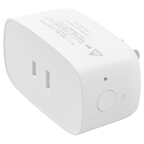 TRETAKT smart plug, white, rectangular, two slots, round button.