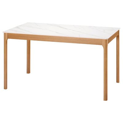 TRÖDEN table, minimalist design, marble white top, oak legs, rectangular shape, sleek look.