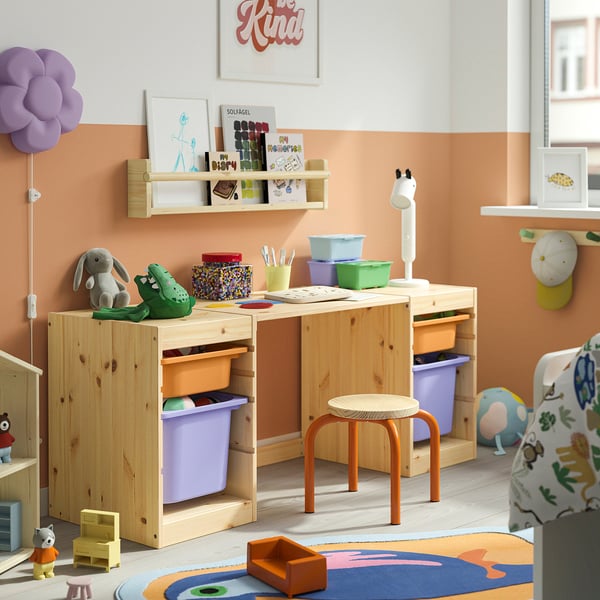 TROFAST Desk with storage boxes, light white stained pine/light orange lilac, 124x44x53 cm