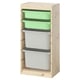 The TROFAST wooden shelf holds six multi-colored plastic bins, three green and three white, arranged in two columns.