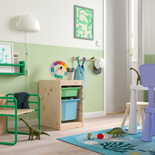 TROFAST Storage combination with boxes, light white stained pine light green/light blue, 32x44x53 cm