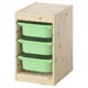 TROFAST storage unit in light pine with 3 green bins. Open, square design with removable bins.